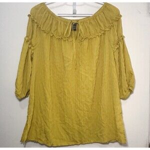 Olivia & Martin Mustard Yellow Boho Peasant Blouse Ruffle Tie Neck 3/4 Sleeve L